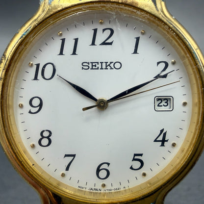 Seiko Watch Men 33mm White Dial Gold Tone Date Round V732-0220 New Battery1