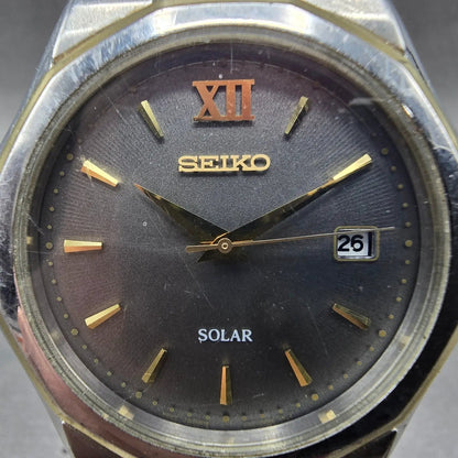 Seiko Solar Watch Men 40mm Gray Dial Two Tone Date Round V157-0AK0 Runs1
