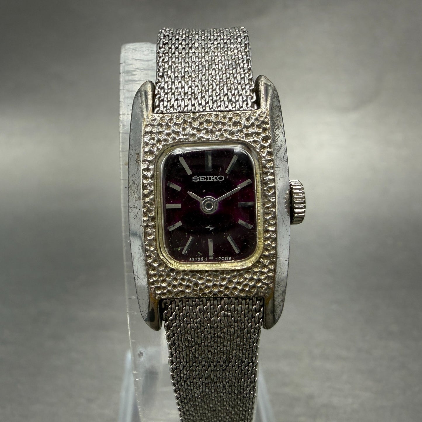 Seiko Tank Watch Women 16mm Purple Dial Silver Tone Manual 11-3409 Runs Vintage0