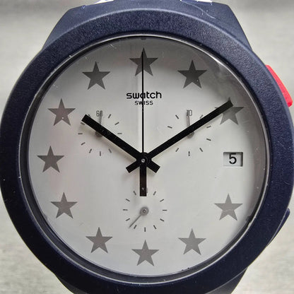Swatch Free & Brave Chronograph Watch Men White Dial Blue Date SUSZ401 New Batt21