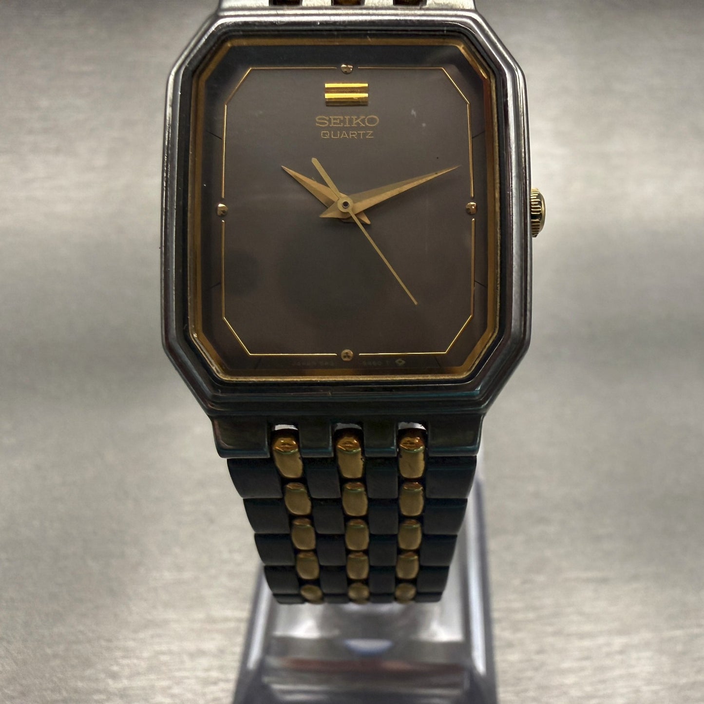 Seiko Watch Men 26mm Black Dial Two Tone Rectangle 5P31-5A59 New Battery5