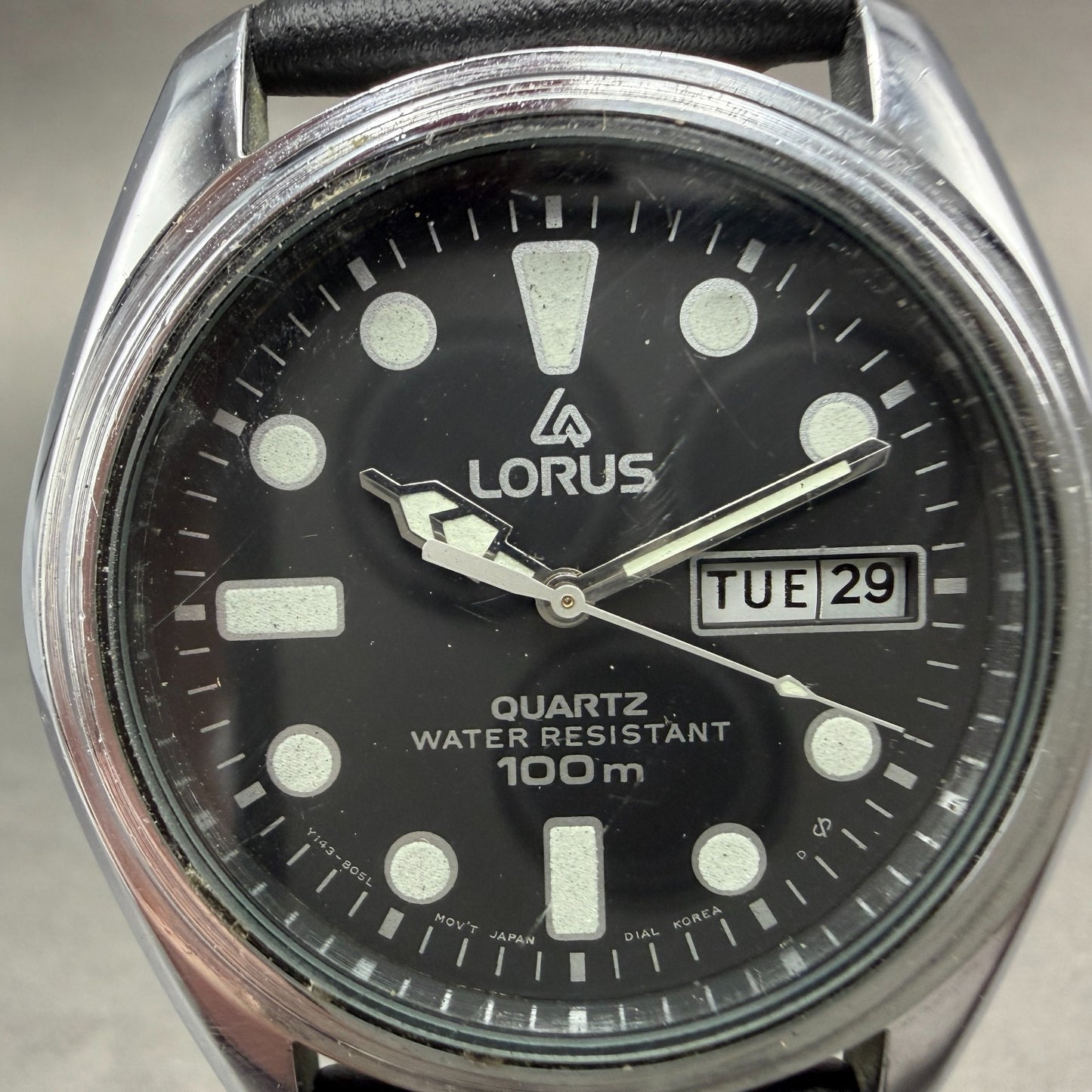 Seiko Lorus Watch Men 37mm Black Dial Silver Tone Daydate Y143-8040 New Battery1