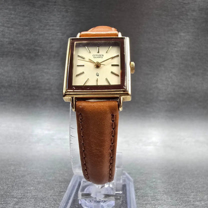 Citizen Tank Watch Women 20mm Ivory Dial Gold Tone Rectangle CQ 49-6600 New Batt5