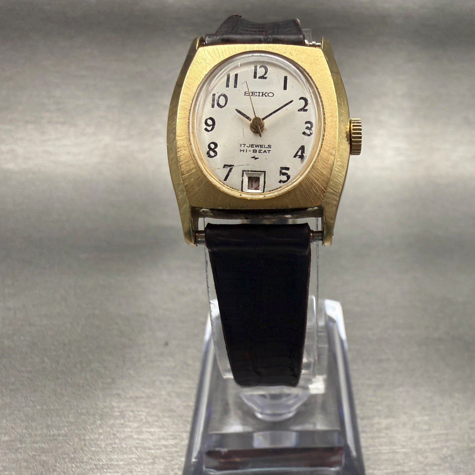 Seiko Hi-Beat Watch Women 22mm Silver Dial Gold Tone Date Rectangle 2202-70295