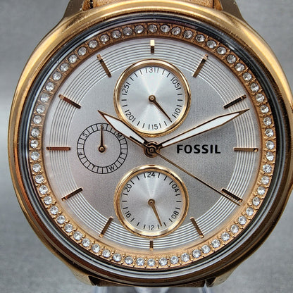 Fossil Chelsey Watch Women 40mm Silver Dial Rose Gold Tone Daydate Round NewBatt1