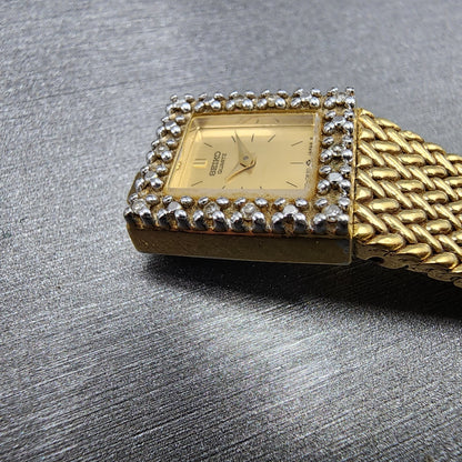 Seiko Tank Watch Women 15mm Gold Dial Gold Tone Rectangle 1F20-5A89 New Batt