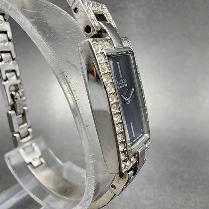 Citizen Eco-Drive Tank Watch Women 14mm Black Dial Steel Rectangle Crystals Runs