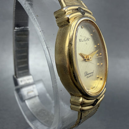 Elgin Watch Women 16mm Champagne Dial Gold Tone Oval Diamond Quartz New Battery3