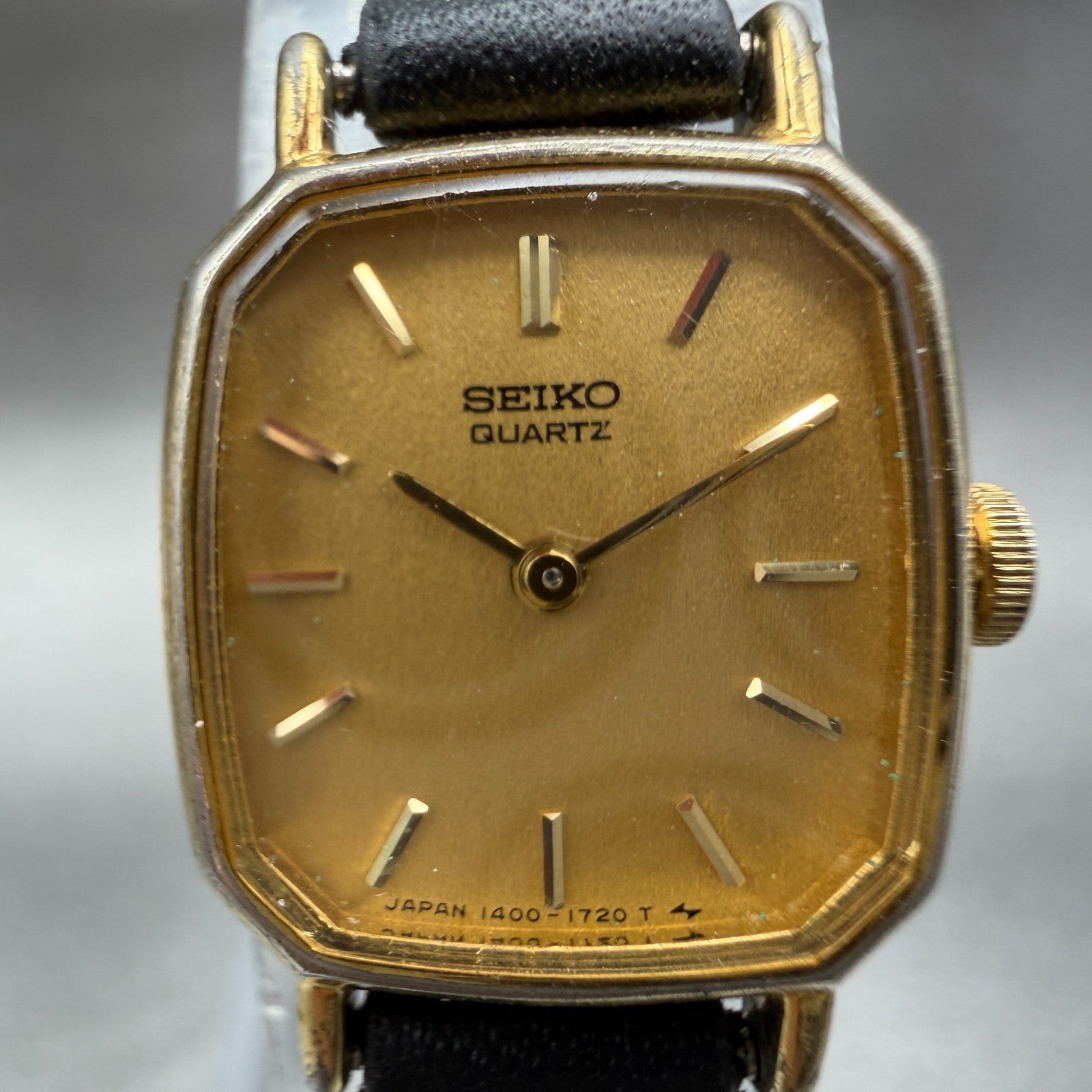 Seiko Watch Women 17mm Gold Dial Gold Tone Octagon 1400-6000 Leather New Battery1