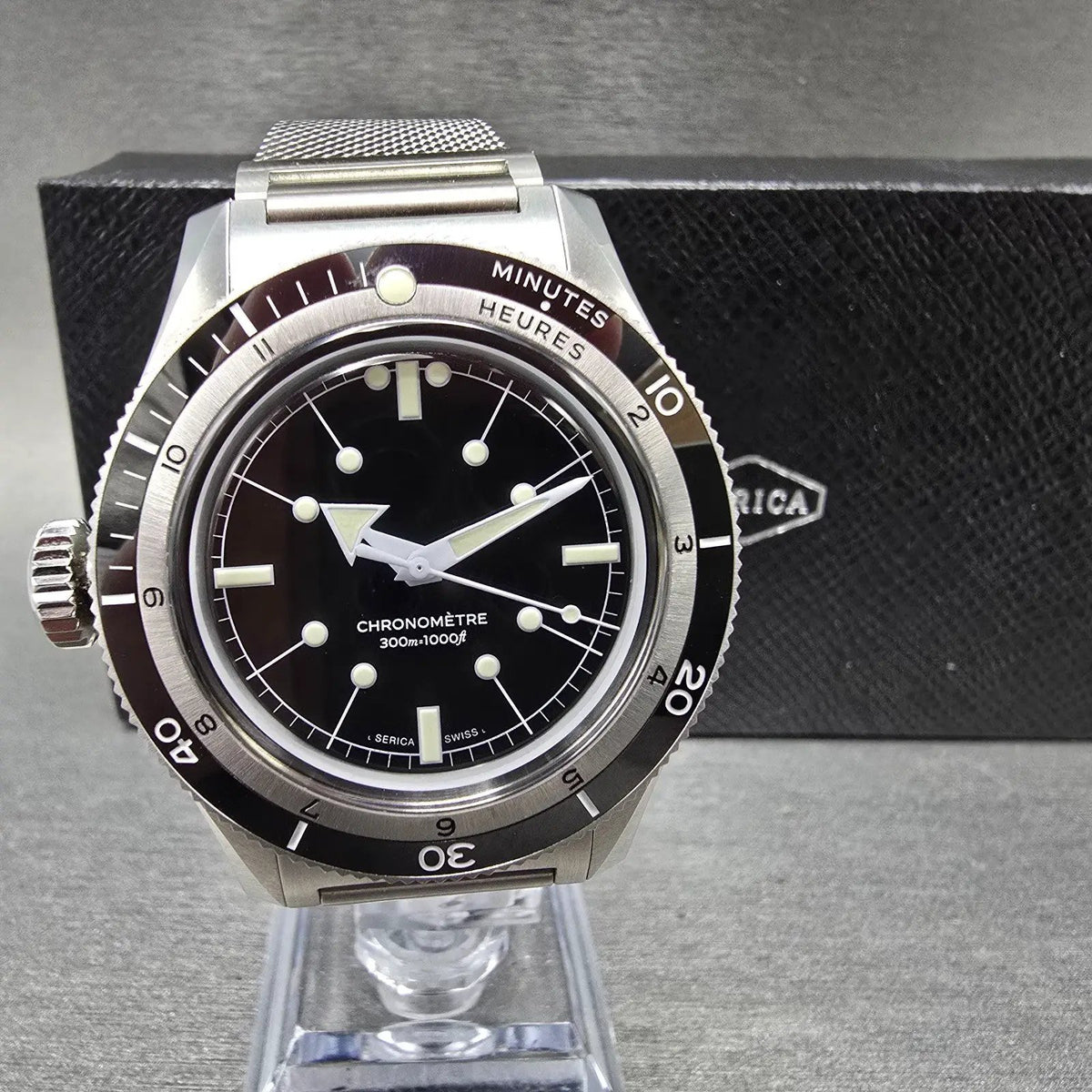Serica Diving Chronometer Watch Men 39mm Black Dial Steel Automatic 5303-10