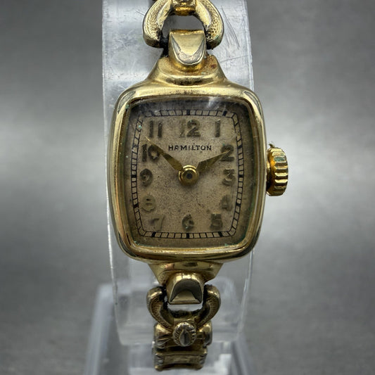 Hamilton Watch Women 14mm Cream Dial 14K Gold Filled Manual Wind Runs Rectangle0