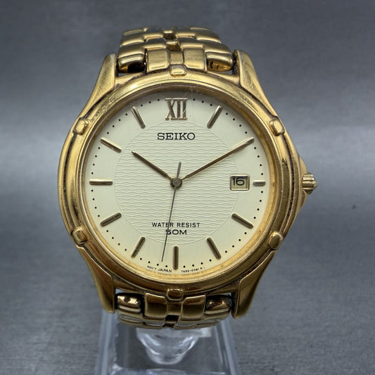 Seiko Watch Men 36mm Champagne Dial Gold Tone Date Round 7N32-0049 New Battery V0