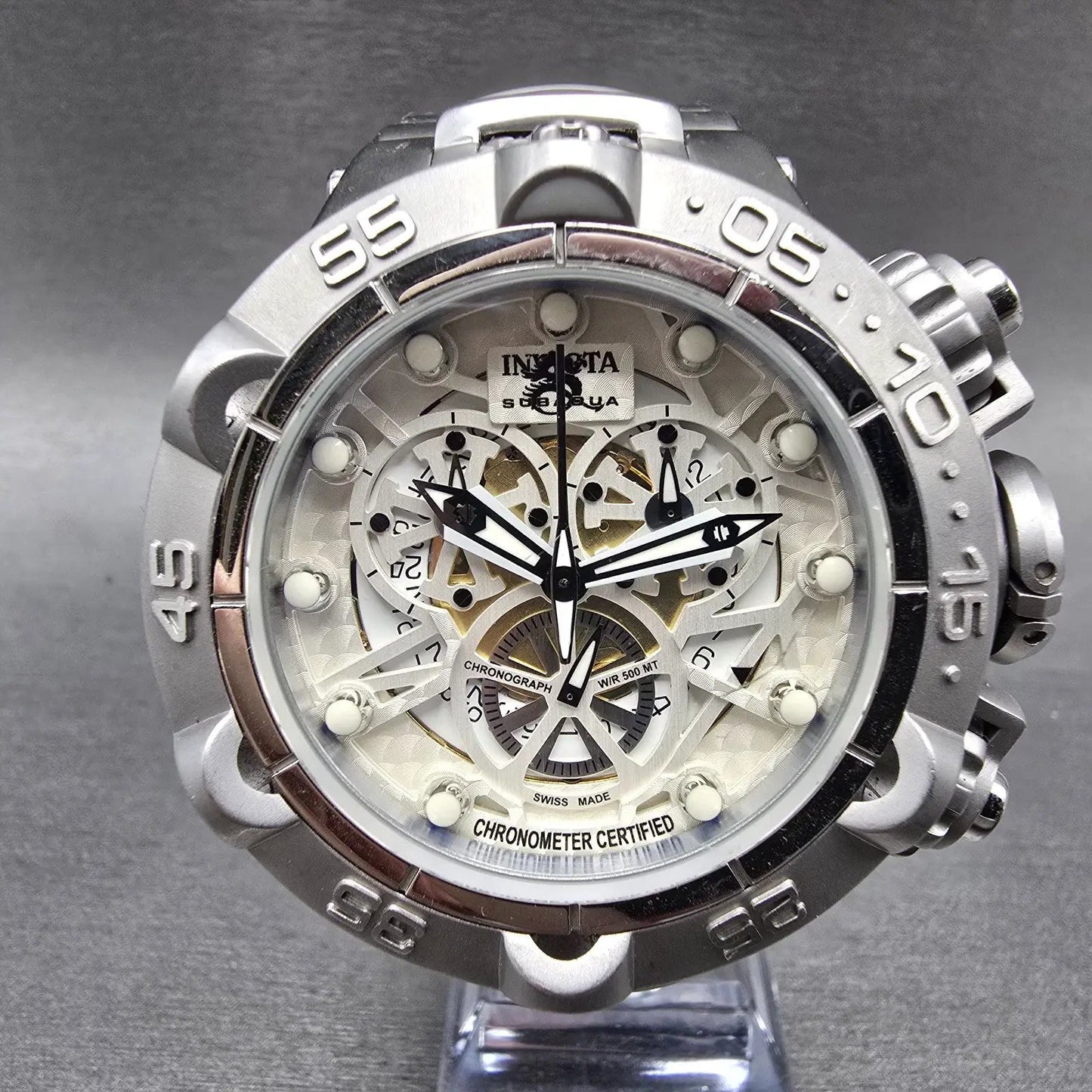 Invicta Sub Aqua Chronograph Watch Men 50mm White Dial Silver Tone 12904 New Bat0