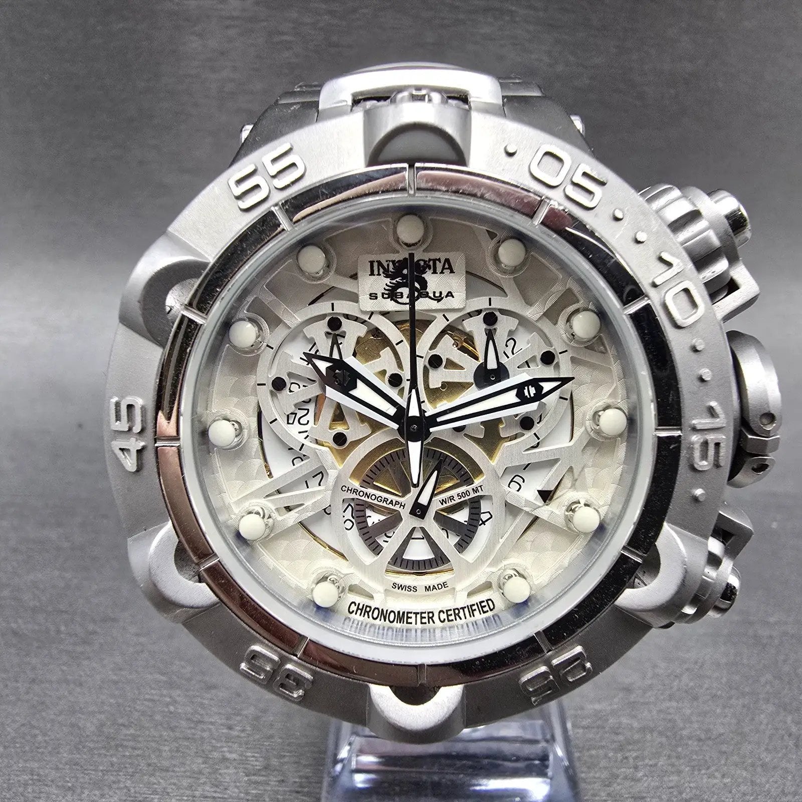 Invicta Sub Aqua Chronograph Watch Men 50mm White Dial Silver Tone 12904 New Bat0