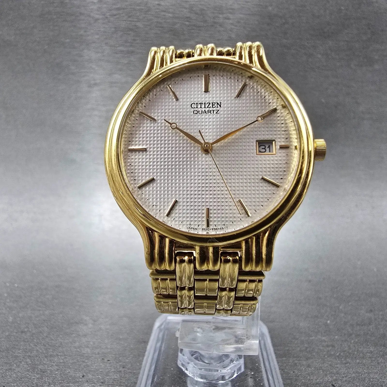 Citizen Watch Men 34mm White Dial Gold Tone Date Round 5510-F52584 New Battery F5