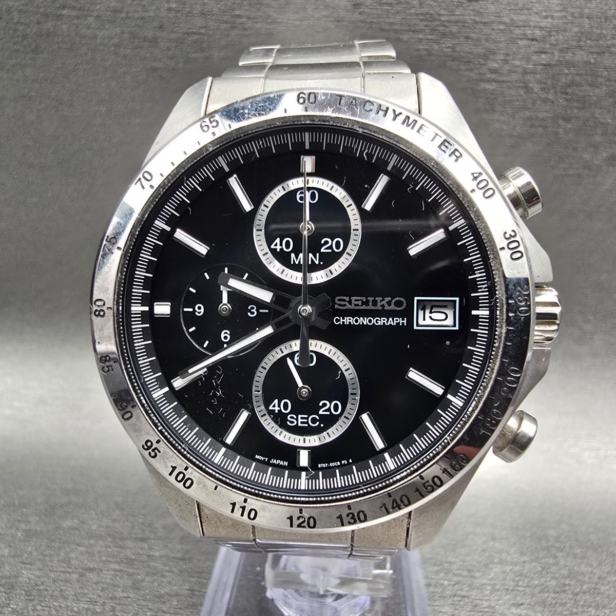 Seiko Chronograph Watch Men 40mm Black Dial Silver Date 8T67-00C0 New Batt JDM0