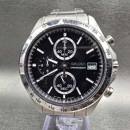 Seiko Chronograph Watch Men 40mm Black Dial Silver Date 8T67-00C0 New Batt JDM0