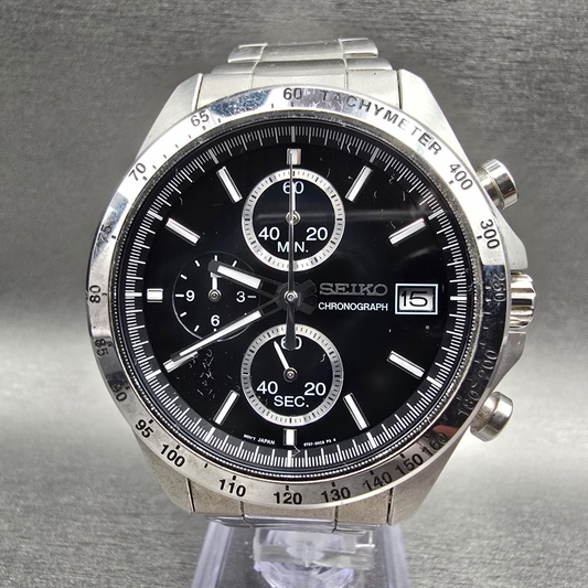 Seiko Chronograph Watch Men 40mm Black Dial Silver Date 8T67-00C0 New Batt JDM0