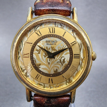Seiko Watch Women 26mm Gold Floral Dial Gold Tone Round 1N000D59 New Battery1