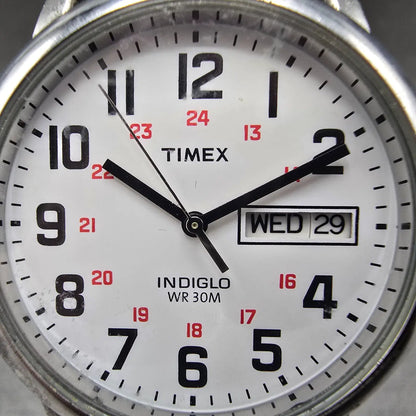 Timex Easy Reader Watch Men 35mm White Dial Silver Daydate T20461 New Battery 781