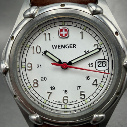 Wenger SAK Watch Men 35mm White Dial Steel Date Round Leather Band New BatteryAB1