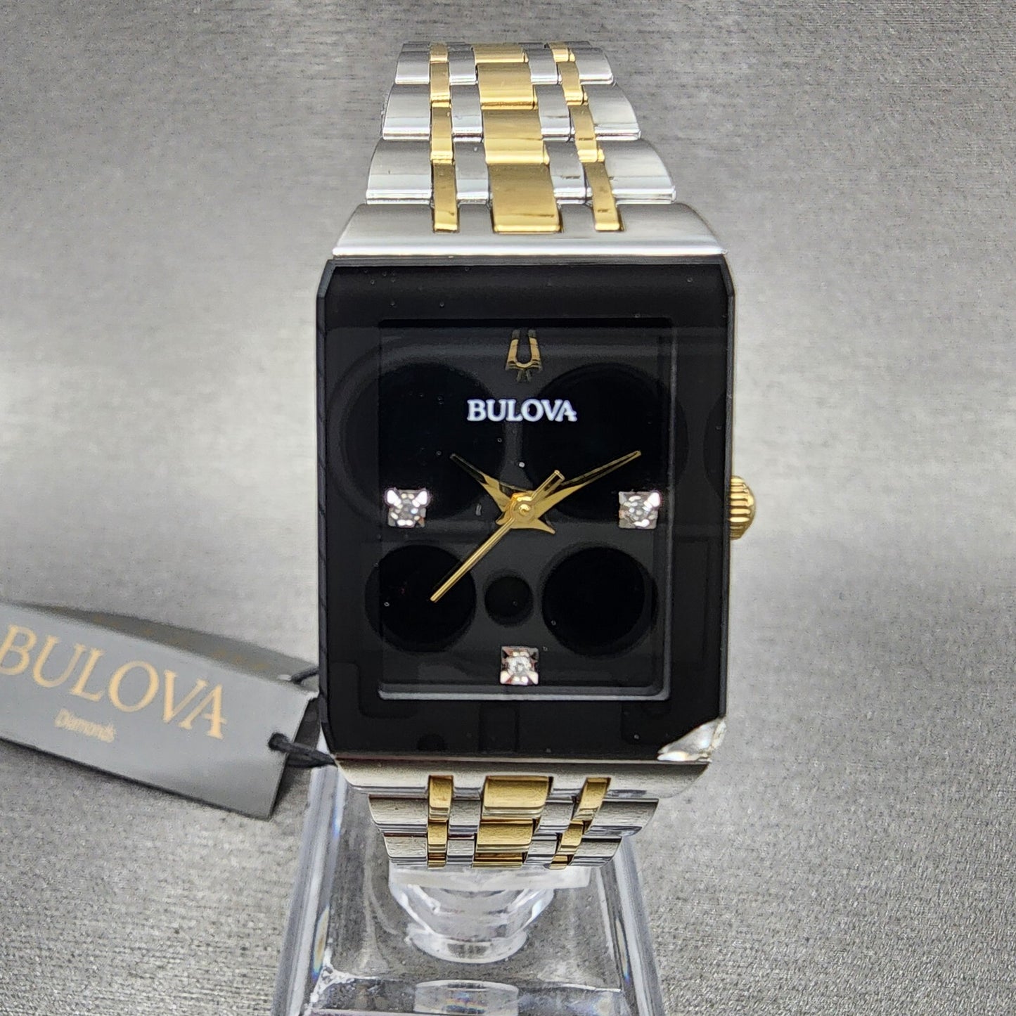 Bulova Quadra Tank Watch Women 21mm Black Dial Two Tone Rectangle 98P185 CHIPPED0