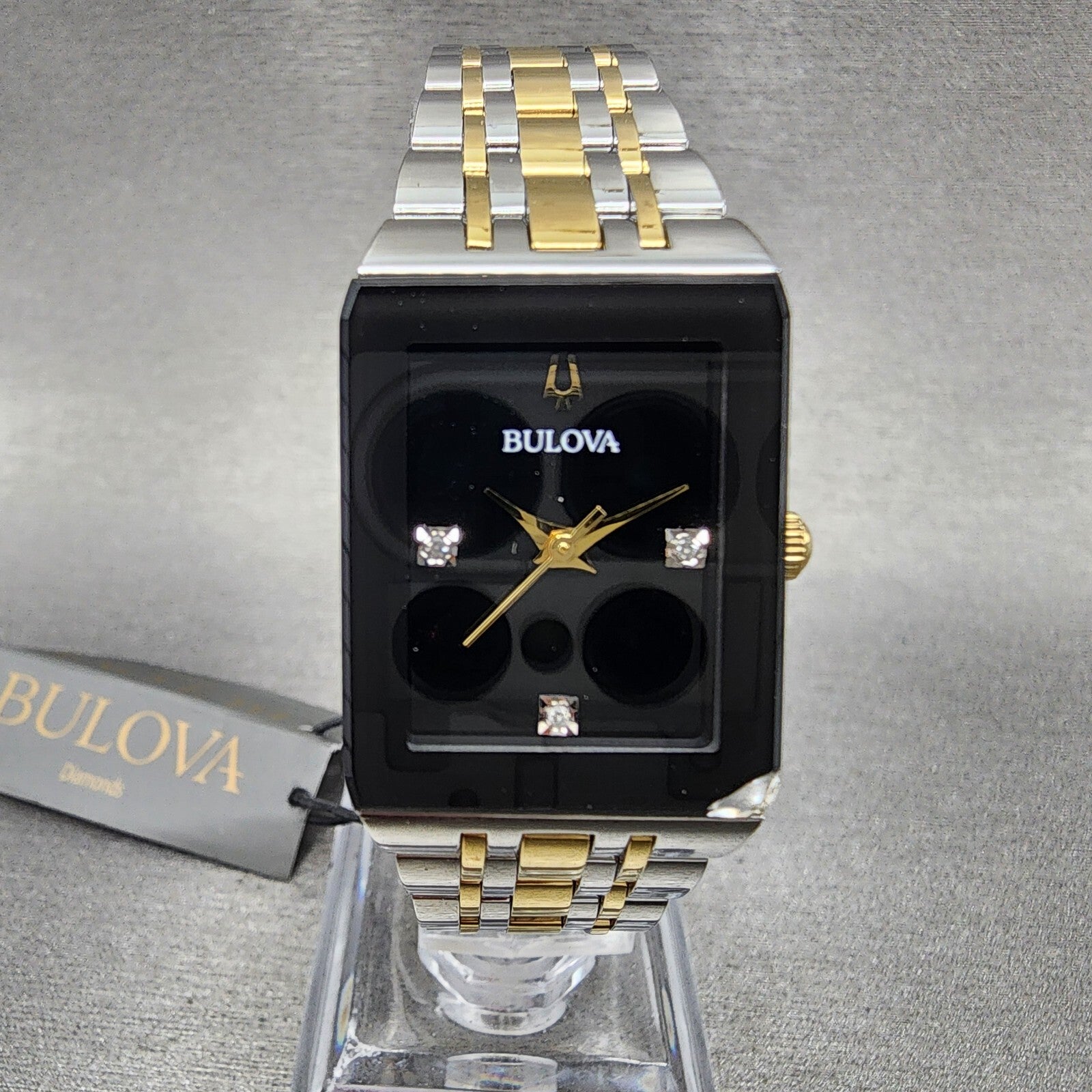 Bulova Quadra Tank Watch Women 21mm Black Dial Two Tone Rectangle 98P185 CHIPPED0