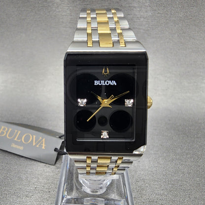 Bulova Quadra Tank Watch Women 21mm Black Dial Two Tone Rectangle 98P185 CHIPPED0