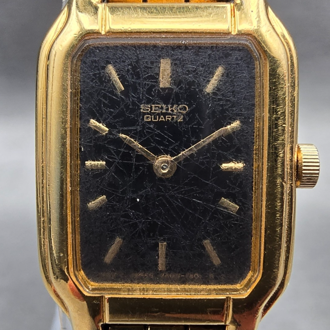 Seiko Watch Women 17mm Black Dial Gold Tone Rectangle Y400-5498 New Battery JP231