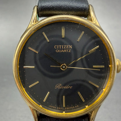 Citizen Riviere Watch Women 24mm Black Dial Gold Tone Round 2950-291981 New Batt1