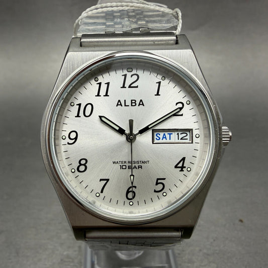 Seiko Alba Watch Men 35mm Silver Dial Silver Tone Daydate 7N43-K001 New Battery0