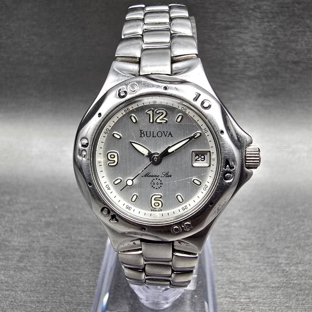 Bulova Marine Star Watch Women 28mm Silver Dial Silver Tone Date 96M25 New Batt0