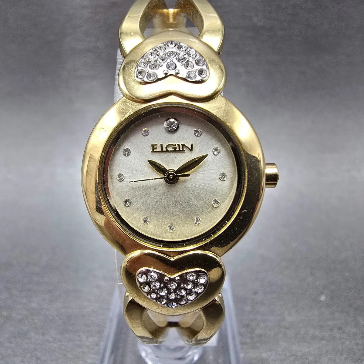 Elgin Watch Women 22mm Champagne Dial Gold Hearts Crystals Round Bangle New Batt0
