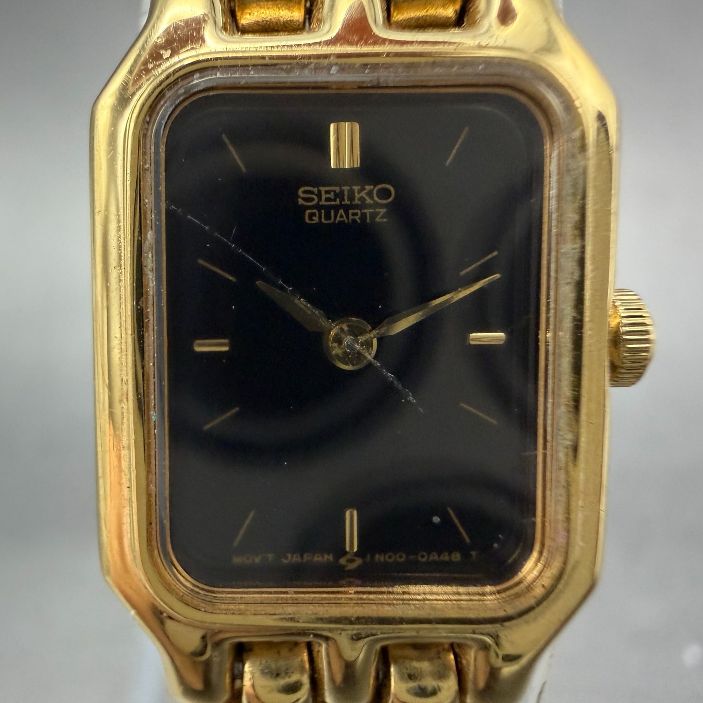 Seiko Tank Watch Women 15mm Black Dial Gold Tone Rectangle 1N00-5A10 New Battery1