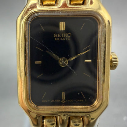 Seiko Tank Watch Women 15mm Black Dial Gold Tone Rectangle 1N00-5A10 New Battery1