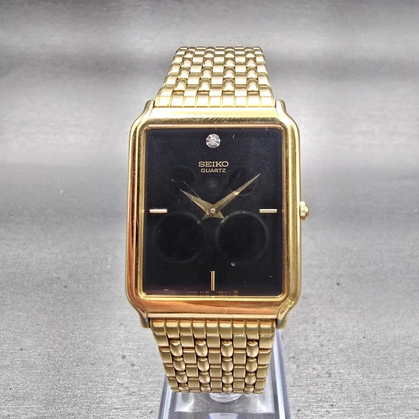 Seiko Watch Men 27mm Black Dial Gold Tone Rectangle 5Y30-5189 New Battery VTG0