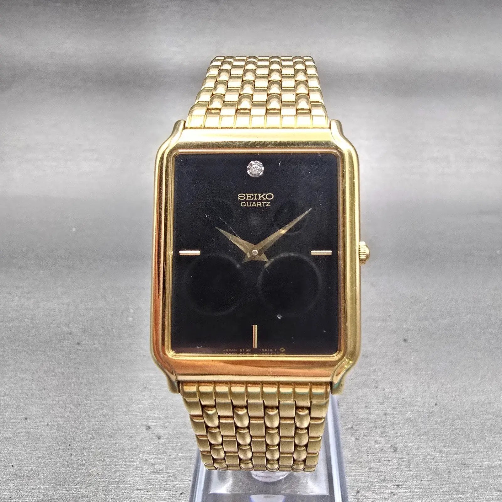 Seiko Watch Men 27mm Black Dial Gold Tone Rectangle 5Y30-5189 New Battery VTG0
