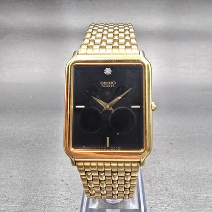 Seiko Watch Men 27mm Black Dial Gold Tone Rectangle 5Y30-5189 New Battery VTG0