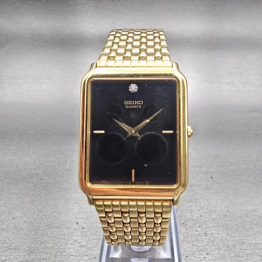 Seiko Watch Men 27mm Black Dial Gold Tone Rectangle 5Y30-5189 New Battery VTG0