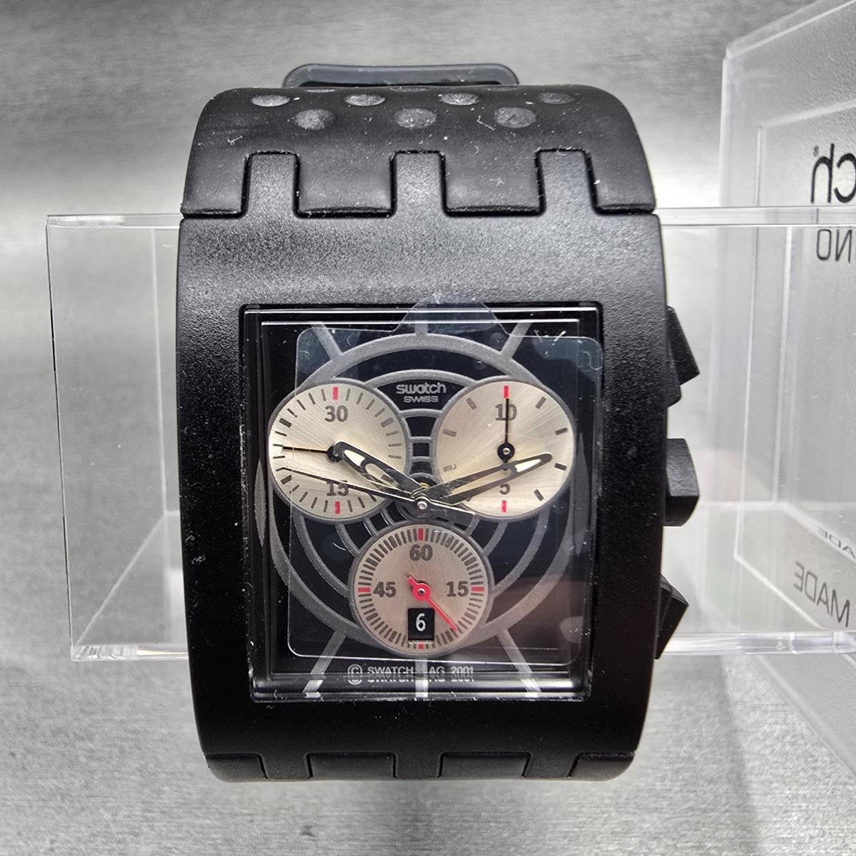 Swatch Dr. No Chronograph Watch Men 31mm Black Dial Black Tone Date SUEB400 NOS0