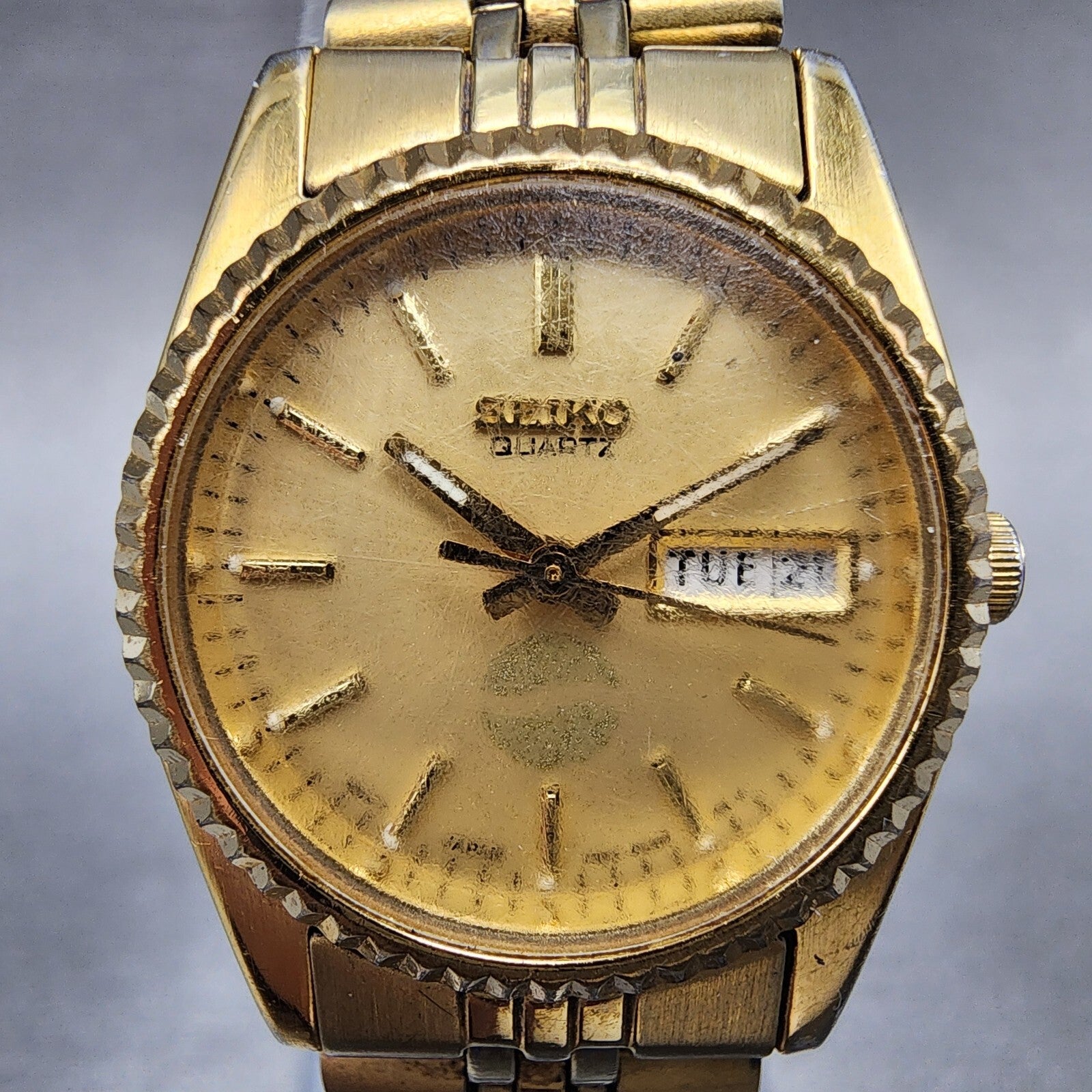 Seiko Watch Women 24mm Gold Dial Gold Tone Daydate Round 7N830041 New Battery1