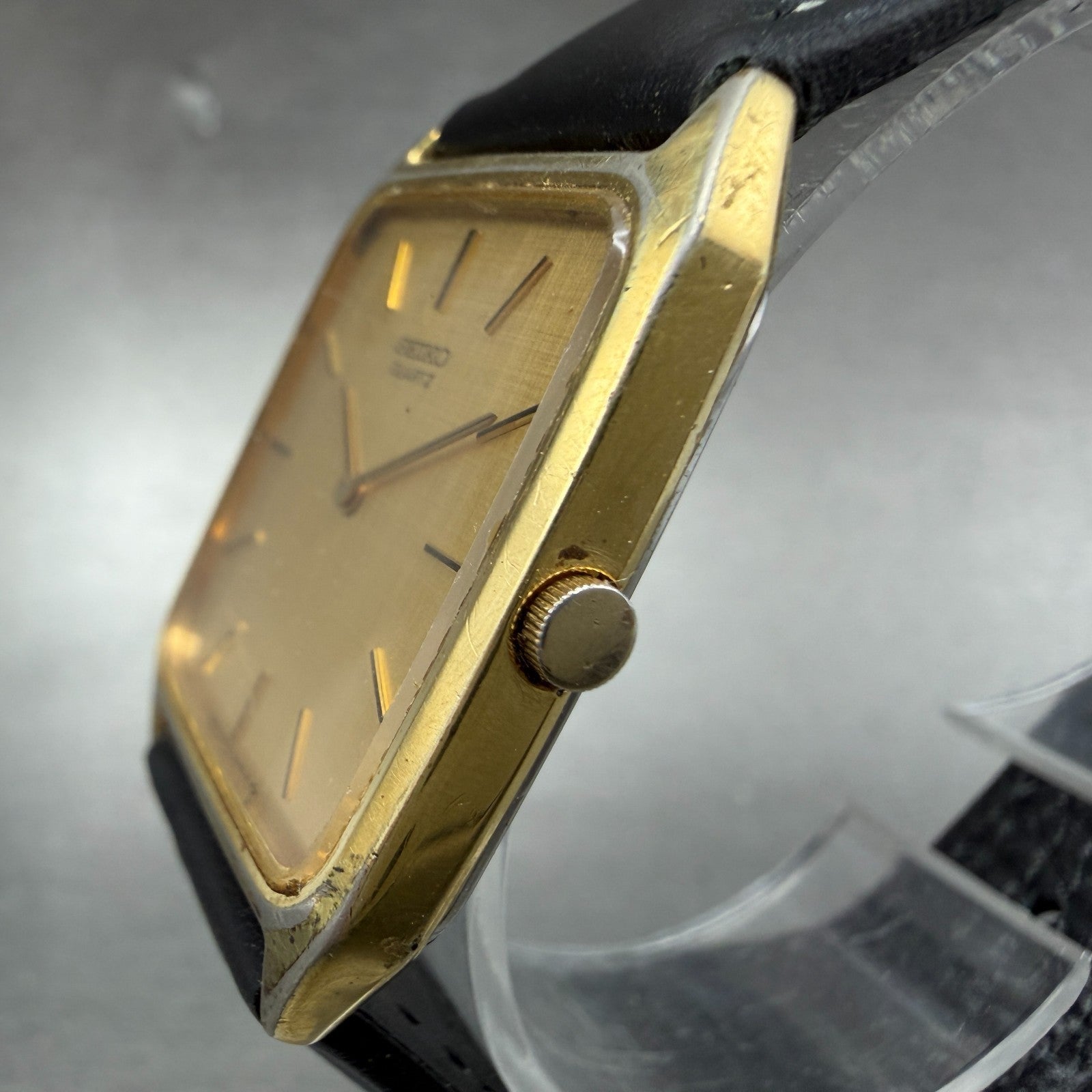 Seiko Tank Watch Men 27mm Champagne Dial Gold Tone Octagon 7430-5309 New Batt2