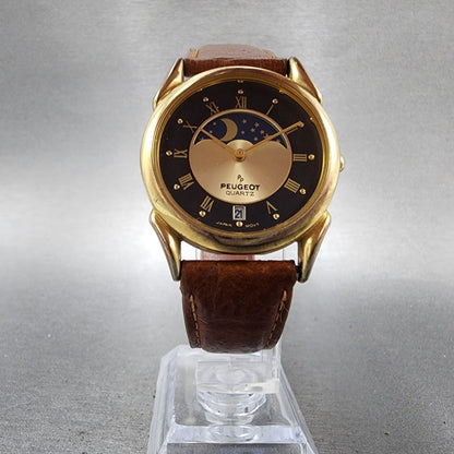 Peugeot Moonphase Watch Women 32mm Black Dial Gold Tone Date New Battery5