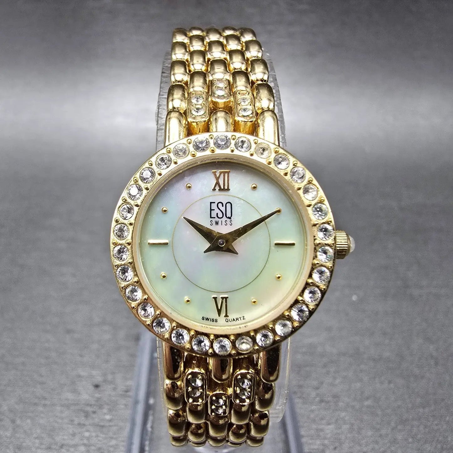 ESQ Watch Women 22mm MOP Dial Gold Tone Round Gem Accents E5160 New Battery0