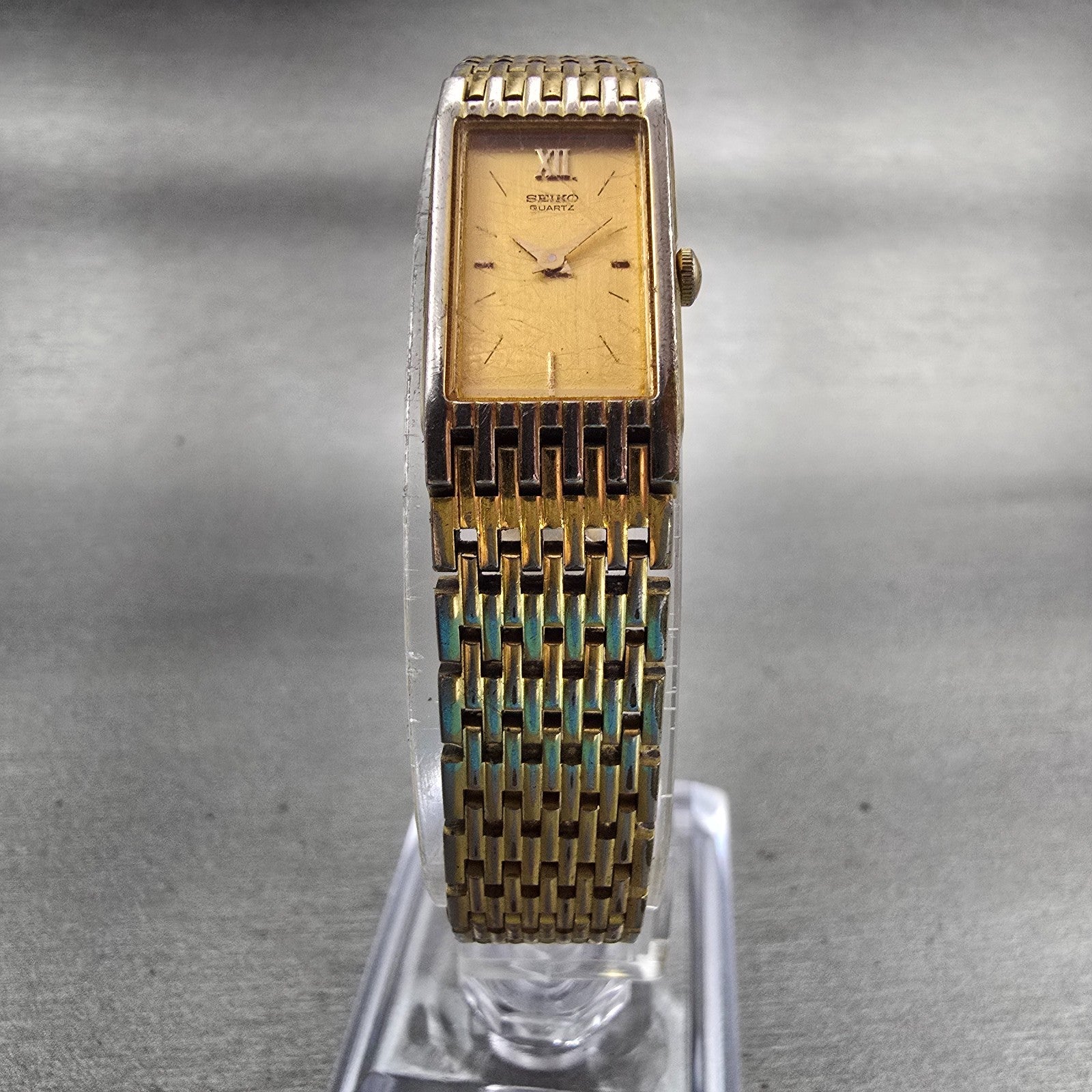 Seiko Watch Women 13mm Gold Dial Gold Tone Rectangle 2E20-6700 New Battery VTG5