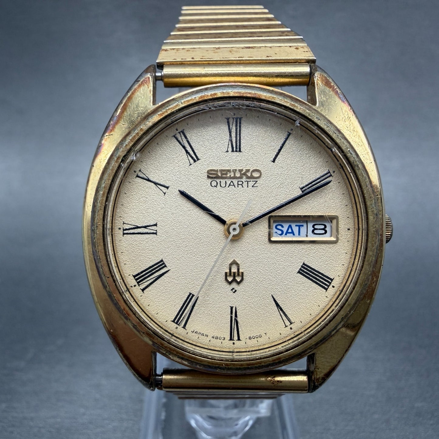 Seiko SQ Watch Men 36mm Cream Dial Gold Tone Daydate 4803-8000 New Battery VTG0