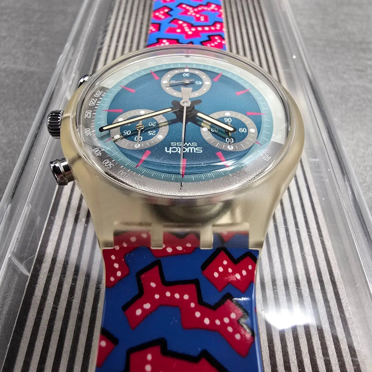 Swatch Chrono Wild Card Watch Men 37mm Blue Dial Clear Case SCK100 New Batt NOS7