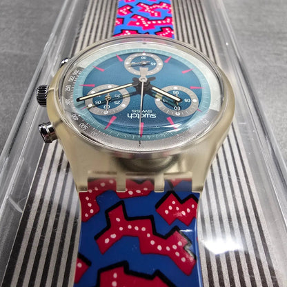 Swatch Chrono Wild Card Watch Men 37mm Blue Dial Clear Case SCK100 New Batt NOS7