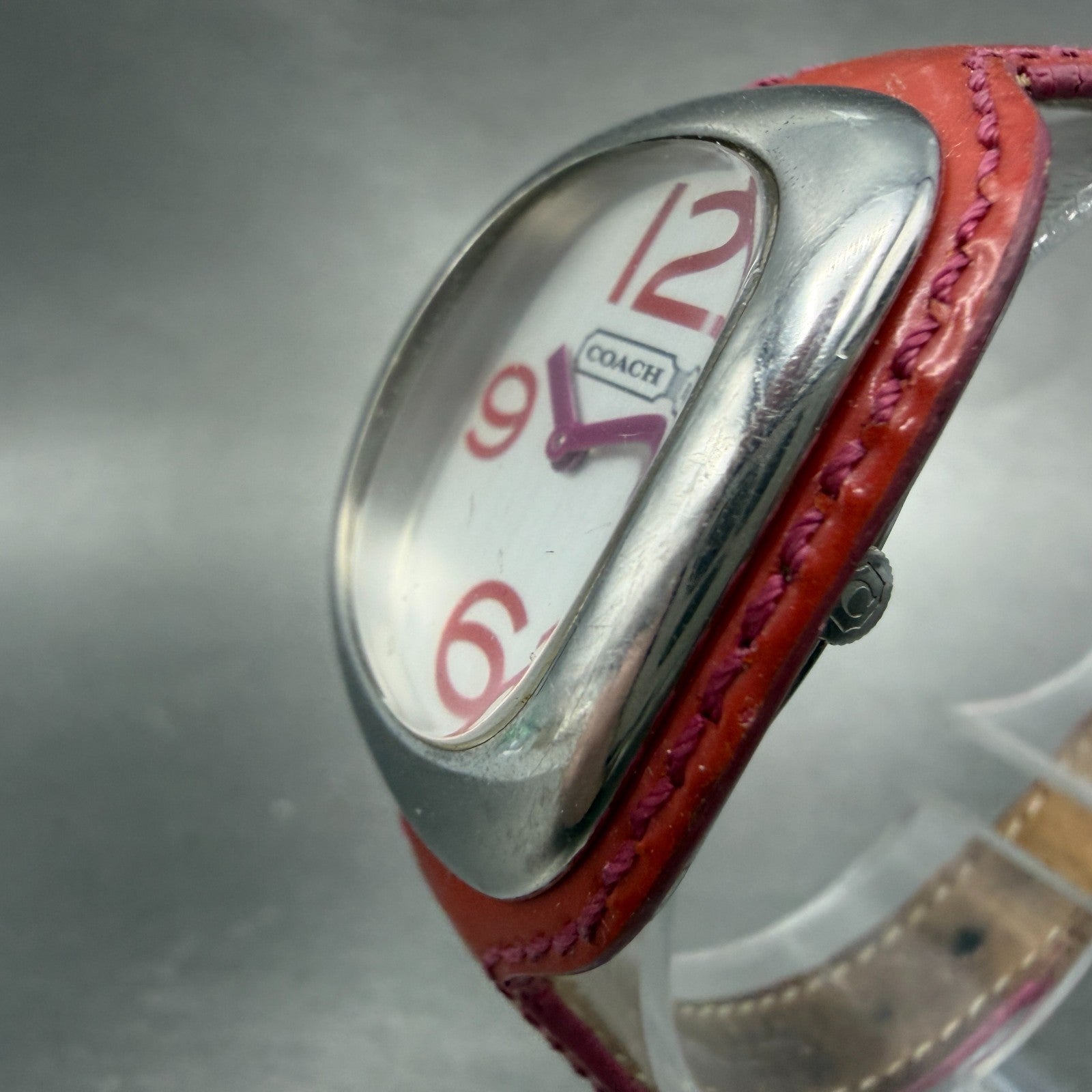 Coach Watch Women 32mm Silver Dial Silver Tone Oval Red Leather Band New Battery2