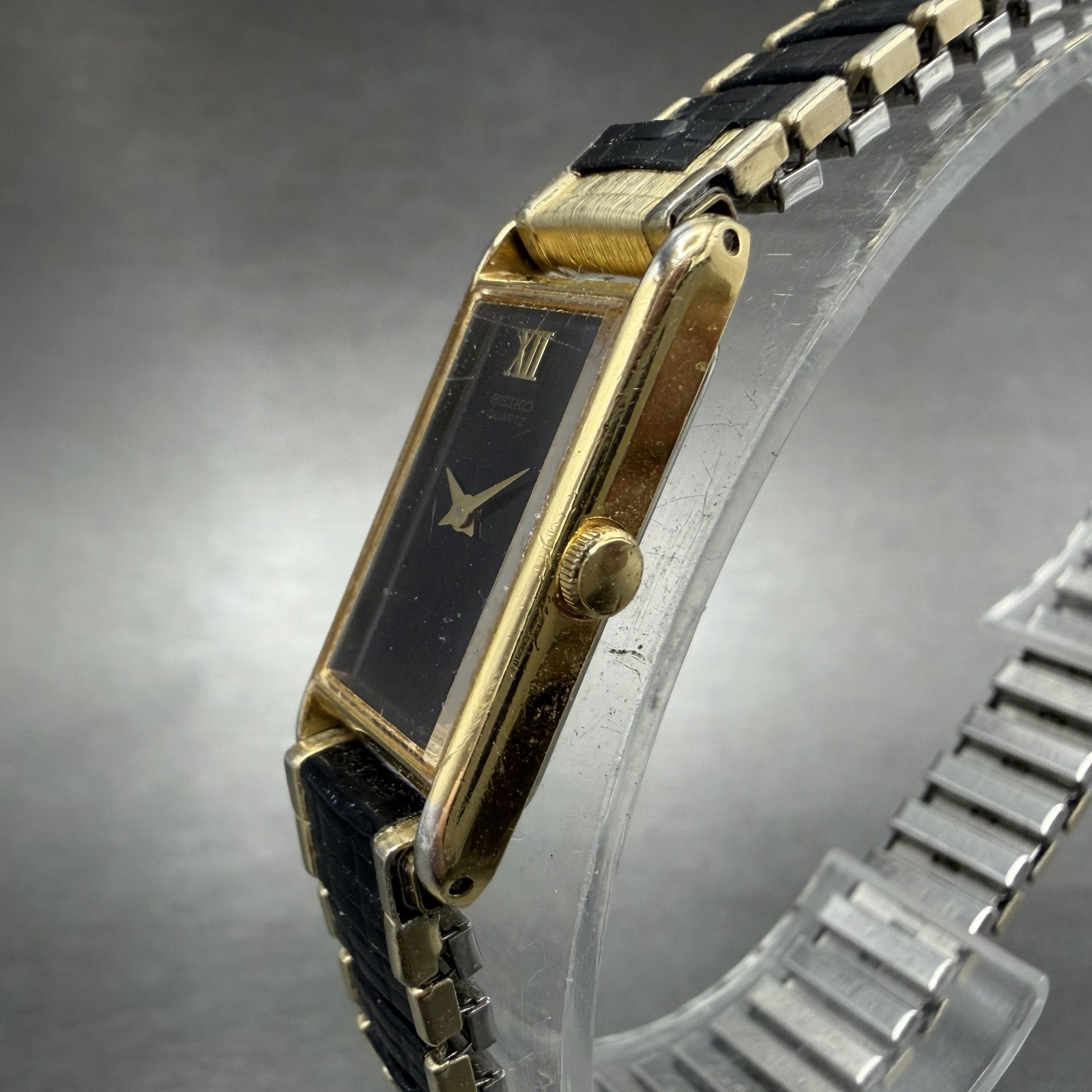 Seiko Tank Watch Women 13mm Black Dial Gold & Black Tone 2E20-5120 New Battery2